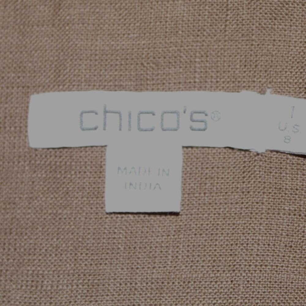 Chico’s Linen Ruffle Trim Button Front Top Tan Easy Fit Women’s Size 1 (8) - Picture 5 of 6